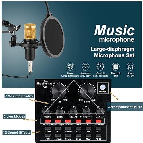 Podcast Equipment Bundle, BM-800 Recording Studio Package with Voice Changer, Live Sound Card - Audio Interface for Laptop Computer Vlog Living Broadcast Live Streaming YouTube TikTok (AM100-V8) - AM100-V8 thumbnail 3