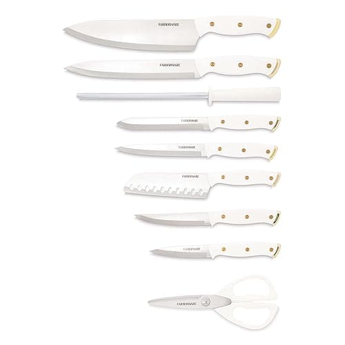 Farberware 15-Piece Triple Riveted Knife Block Set, High Carbon-Stainless Steel Kitchen Knives, Razor-Sharp Knife Set with Wood Block, White and Gold - 15-Piece - White and Gold thumbnail 2