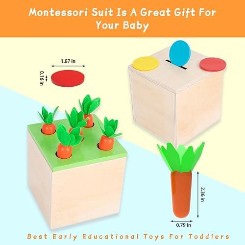 Adena Montessori 3 for 1 Wooden Montessori Play Kit Baby Toys,includes Matchstick Color Drop Game,Carrot Harvest Game and Coin Box,Learning Toy for Kid 1,2,3 Year Old,Girl Boy Gift for Baby 6-12 Month thumbnail 2