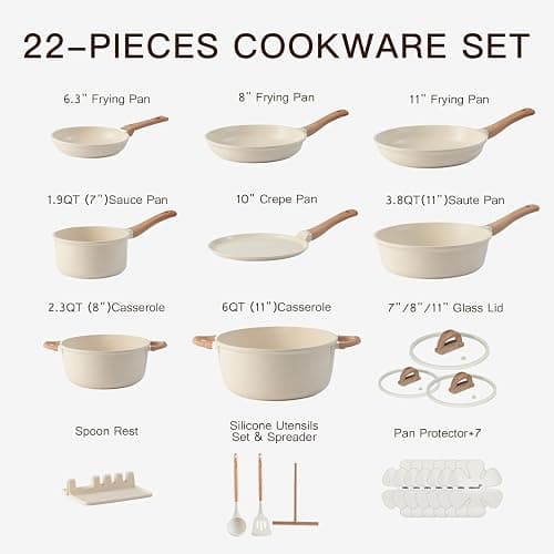 Pots and Pans Set Non Stick Non-Toxic 22 Pcs Ceramic Cookware Sets Nonstick Kitchen Pot&Pan With Lid Cream White Granite Induction Compatible with Glass Lids Crepe Frying Pan PFOA/PFOS-Free thumbnail 9