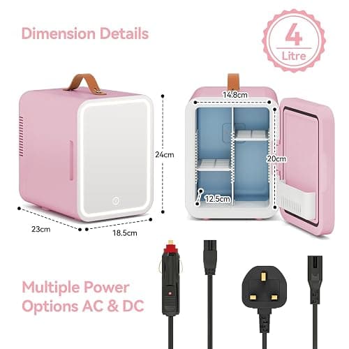 ARTETHYS Mini Skincare Fridge for Bedrooms, 4L Small Car Fridge with LED Mirror, Cooler and Warmer, Beauty Fridges for Home Office, 220V AC/12V DC, Pink thumbnail 3