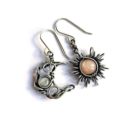 Boho Opal Sun and Moon Drop Dangle Earrings Moonstone Natural Stone Hook Bohemian for Women Asymmetrical Antiqued Silver Celestial Jewelry - Image 1