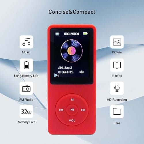 MP3 Player 32GB with Speaker Earphones Portable Music Player for Kids Support FM Radio Voice Recorder E-Book Support up to 128GB Red thumbnail 2