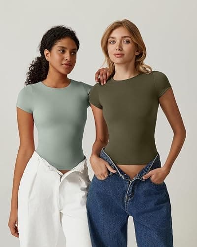 QINSEN Women's Crew Neck Short Sleeve Tees Double Lined Slim Fit T Shirt Basic Y2K Tops thumbnail 3