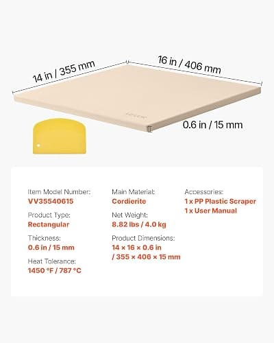 VEVOR Pizza Stone, 16 x 14 in Rectangular Cordierite Pizza Stone, Extra Large Baking-Stone with Scraper, 0.6 in Thick Heat-Resistant Cordierite, for Kitchen Oven, Baking Bread & Pizzas, BBQ Grilling thumbnail 3