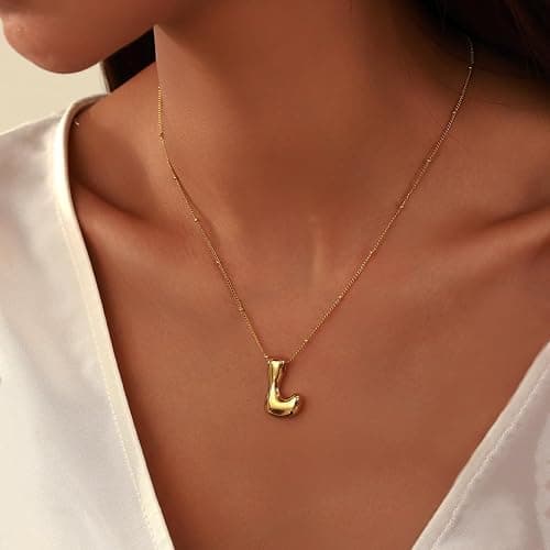 Gold Bubble Letter Necklace,14k Gold/Silver Plated Balloon Initial Letter Pendant Necklace Dainty Chunky Charm Name Necklaces Trendy Personalized Jewelry Gift for Women thumbnail 4