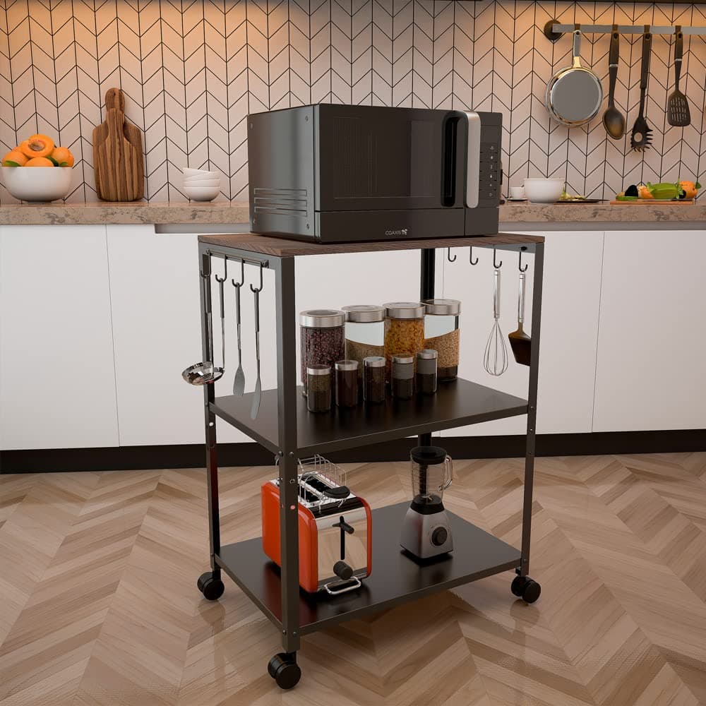 DECOWORLD || 3 Tier Premium Microwave & OTG Stand || Mutiple Platforms for Extra Storage with Hooks and Wheels|| Kitchen Oven Rack thumbnail 2