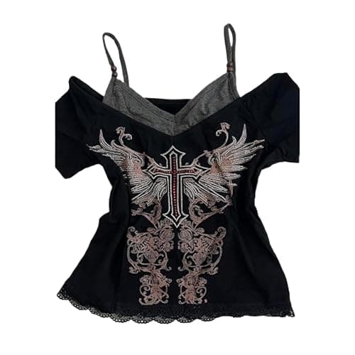 Emo Grunge Shirts Women 2000s Graphic Baby Tees Fake Two Piece Short Sleeve Vintage Y2k Crop Top Goth Alt Clothes - Image 1