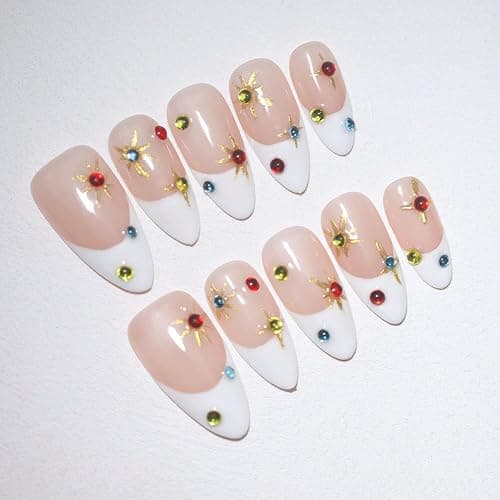 Handmade Medium Almond French Press On Nails,Reusable&Salon Quality(L05, S) | 10Pcs Daily & Party Fake Nails | Easy Apply & Remove | Press Ons with Nude Gradient Cat's Eye,Pearl Bow,Sparkling Rhinestones thumbnail 3