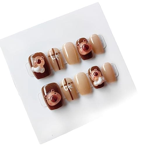 10Pcs Cute 3D Capybara Press On Nails, Short Brown Almond Tips with Clear White Accents, Glossy Resin Fake Nails in XS S M (XS) - Image 1