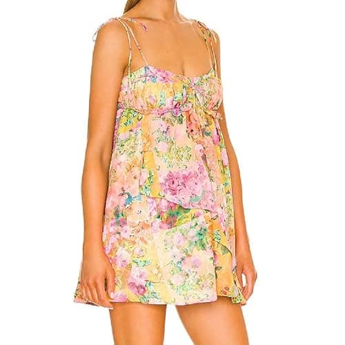 Women Bow Lacing Up Dress Holiday Ruched Chest Print Spaghetti Strap Mini Dress thumbnail 2