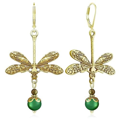 GPASTG Handmade Creative Vintage Silver Dragonfly Leverback Earrings Bohemian Retro Gold Pearl Animal Dangle Drop Earrings for Women - Image 1