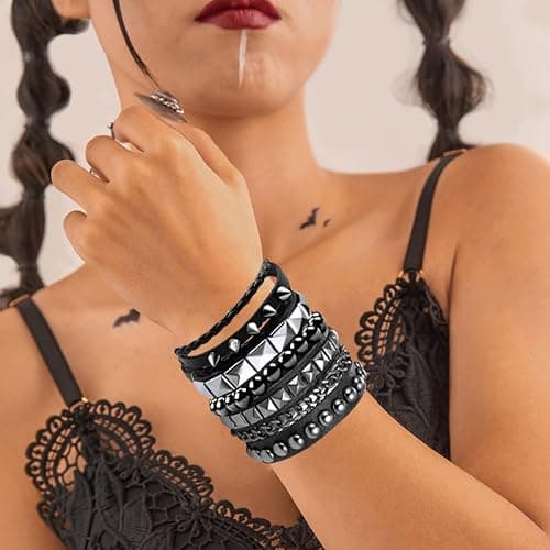 Ulekuke 4 Pcs Punk Rock Leather Studded Bracelets for Men Women 80s Gothic Spike Cuff Bracelet Set Emo Accessories for Rocker Outfits thumbnail 4