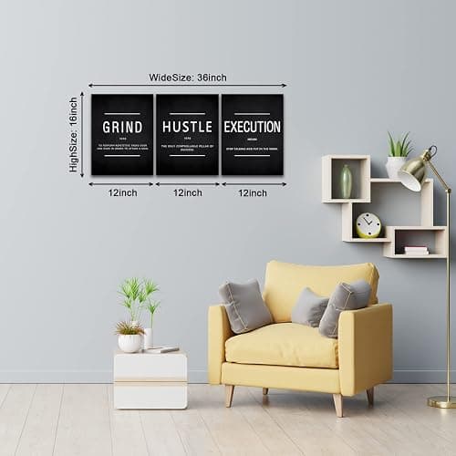BWSPACE Motivational Wall Decor Grind Hustle Execution Wall Art Office Wall Decor Posters for Men 3 Pieces Framed Canvas Wall Prints Artwork Home Gym Bedroom Ready to Hang thumbnail 6
