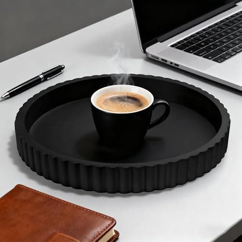 Decorative Tray for Coffee Table, 12'' Resin Round Tray for Home Decor | Elegant Coffee Table Centerpiece, Black Fluted Edge, Serving Vanity Tray for Home Bathroom Kitchen Living Room Decor thumbnail 5