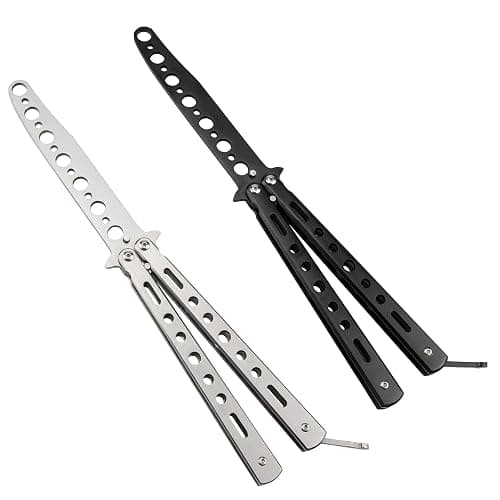 Little World Butterfly Knife - 2 Pack Butterfly Knife Trainer Practice Tool Steel Metal - Folding Unsharpened Comb for Practicing Flipping Tricks, Balisong Trainer Black & Silver - Image 1