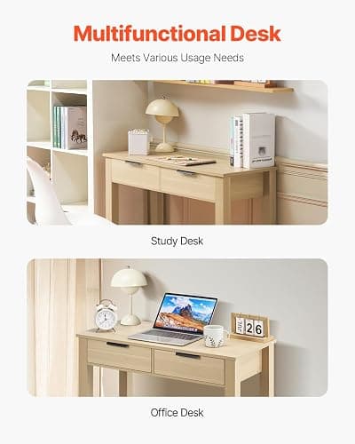 VEVOR Small Desk with Drawers, Wooden Table for Home Office, Small Computer Desk with Storage, Vanity Desk with Drawers, Study Table for Adults/Students for Drawing, Reading, Writing, Light Wood thumbnail 8
