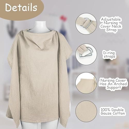 Aolso Breastfeeding Cover Nursing Cover, Muslin Cotton Soft Breathable Nursing Cover, Adjustable Strap Breast Feeding Coverall for Car Seat Blanket and Stroller Coverall (Khaki) thumbnail 3