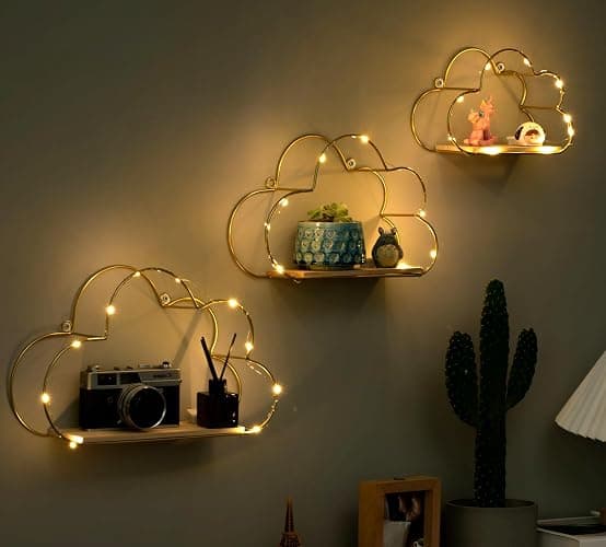 Niemro - Golden Cloud Shape Floating Shelves with LED Lights Wall Decor,Gold Metal Wire and Wood Base Wall Mounted Shelf Decorations for Home Bedroom Living Room - Set of 3 thumbnail 3