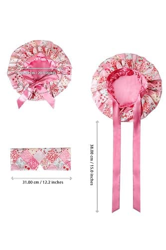 Vettres Double Layer Satin Hair Bonnet with Eye Mask Silk Sleep Cap with Tie Head Wrap for Curly Natural Hair Pink Strawberry thumbnail 6