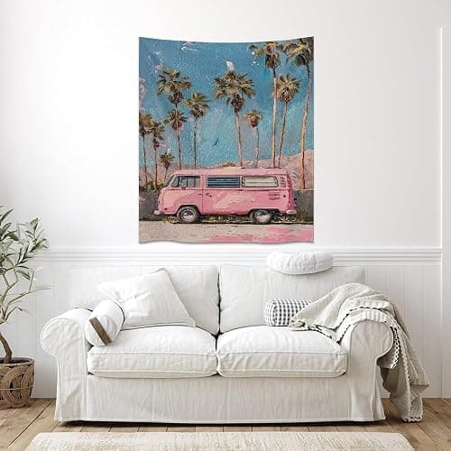 Heltrappe Pink Preppy Caravan Palm Art Aesthetic Tapestry Trendy Boho Coastal Scenery Tapestries Wall Hanging for Living Room Girl Coquette Dorm Decorwhite30x40inch thumbnail 7
