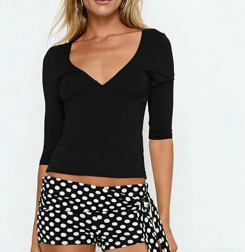 Women Y2k 3/4 Sleeve Crop Tops Deep V Neck Three Quarter Sleeve Fitted Shirt Trendy Going Out Blouse thumbnail 3