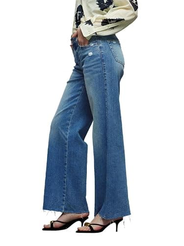 ONESO Mid-Low Rise Baggy Jeans Wide Leg for Women Distressed Pants Stretchy Bottom Lady Basic Comfortable Denim thumbnail 4
