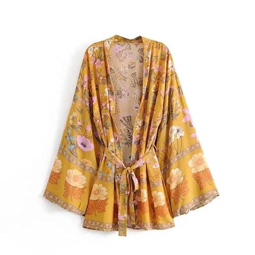 Women Vintage Floral Print Sashes Kimono Bohemian V-Neck Short Beach Bikini Robe Boho Cover-Up - Image 1