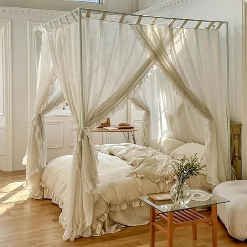 Mengersi Canopy Bed Curtains,Linen Bed Canopy Curtains 4 Corner Bed Drapes Canopy Curtains for Bedroom Decor (Ivory,Queen) thumbnail 2