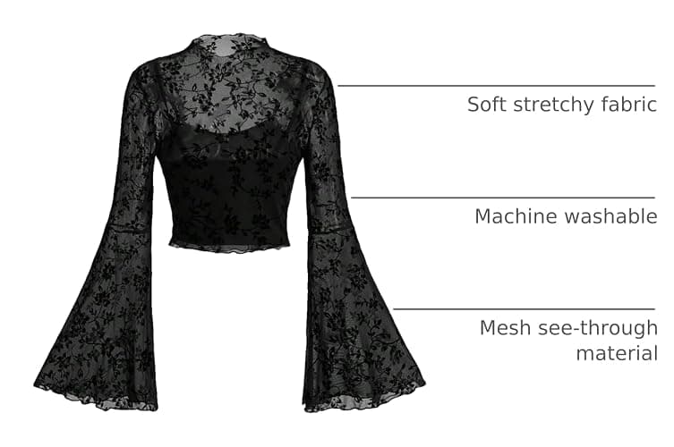 Verdusa Women's Gothic Clothes Y2K Mesh Long Bell Sleeve Crop Tops Country Concert Outfits Boho Tops thumbnail 3