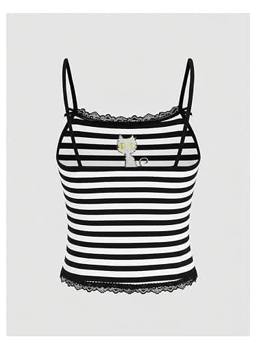 SOLY HUX Women's Y2k Lace Striped Cami Crop Tops Spaghetti Strap Cat Embroidery Camisole thumbnail 2