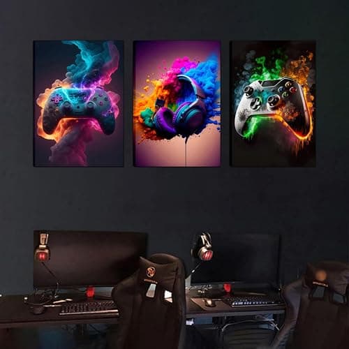 BGFCE Gaming Room Decor Canvas Wall Art Set of 3 - Cool Video Gaming Theme Wall Decor, Gamer Paintings Picture Print for Teen Boys Room 12x16 inch Framed thumbnail 9