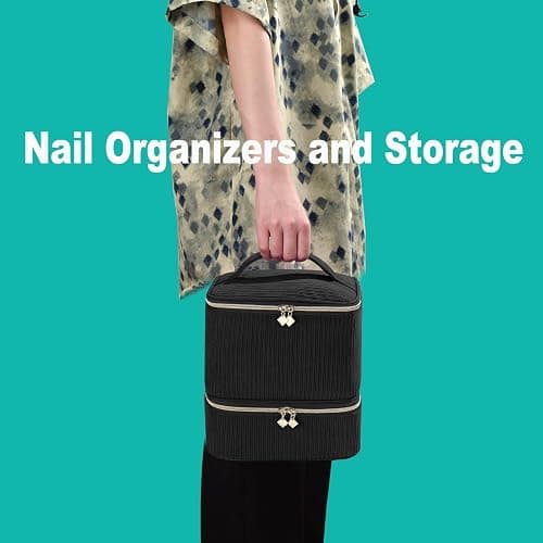 Corduroy Nail Polish Organizer and Nail Lamp Case, Nail Kit Organizer Holds 30 Bottles (15ml - 0.5 fl.oz) and a Nail Lamp, Nail Polish Carrying Case with Manicure Tools Storage Sections (Black) thumbnail 7