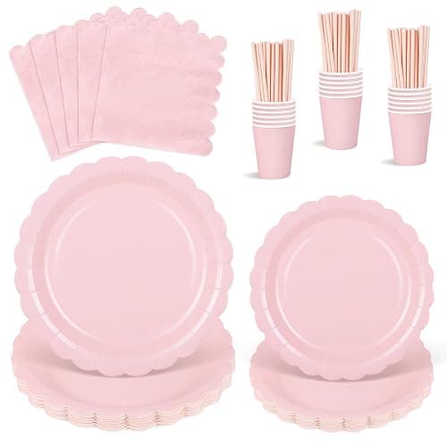 125 Pcs Pink Paper Plates and Napkins, Light Pink Party Supplies Include Scalloped Plate Napkins Cups Paper Straws for Baby Shower, Wedding, Birthday - Image 1