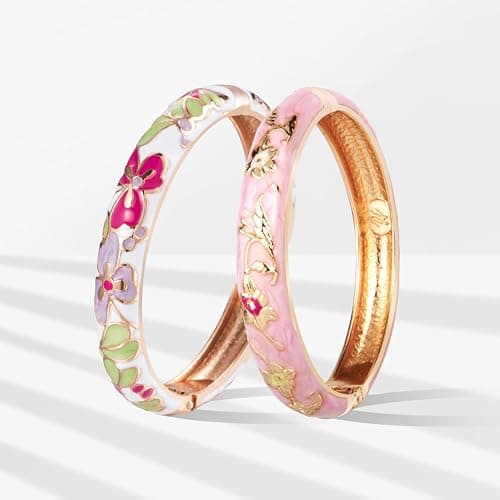 UJOY Classic Cloisonne Bracelets Enamel Jewelry Plated Bamboo Flower Cuff Metal Bangle for Women Gift Box thumbnail 2