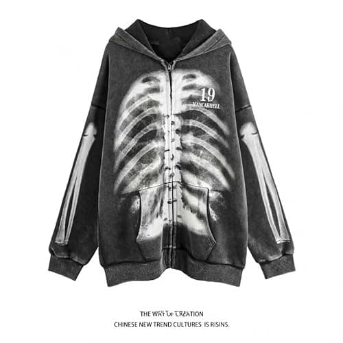 Men's and Women's Gothic Hoodie Washed and Aged Bone Print Hooded Sweatshirt Y2K, Grunge, Harajuku Hooded sweatshirt thumbnail 2