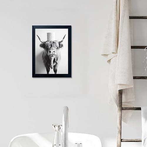 Framed Black and White Bathroom Wall Decor Highland Cow with Toilet Paper on Head Canvas Wall Art Toilet Decor Cow Pictures Wall Decor Animal Bathroom Sign Artworks for Home thumbnail 6