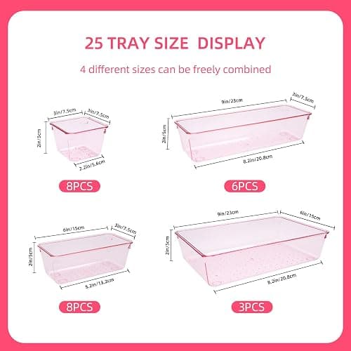 Kitchen Desk Drawer Organizers Storage for Office, Small Acrylic Vanity Trays Makeup Organizer for Drawer Bathroom Plastic Make up Organizers 25 Pcs Pink thumbnail 2