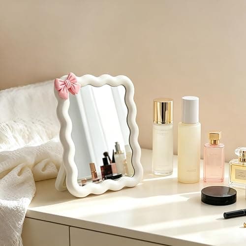 Wave Desk Makeup Mirror with Adhesive Bow,Office Mirror 6.7x5.3In(White) | for Standing or Hanging;Wave Shape;Thickened Plastic and Glass Material;One Sided Mirror;No Magnification thumbnail 5