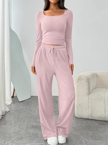 Trendy Queen Womens 2 Piece Lounge Set Fall Fashion Matching Travel Outfits | Airport Style, 2026 Winter Clothing, Scoop Neck Ruched Top & Wide Leg Pants With Pockets, Casual Comfy Cute Sweat Sets thumbnail 2