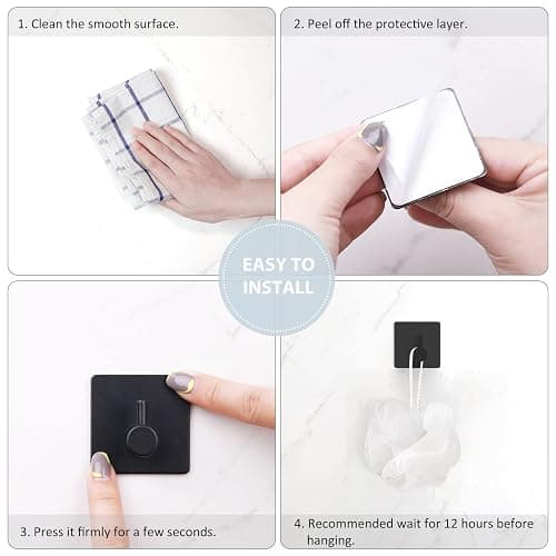 VIS'V Adhesive Towel Hooks, Waterproof Shower Wall Stick on Hooks, 2 Extra Adhesive Strips, Black, 4 Pcs thumbnail 7