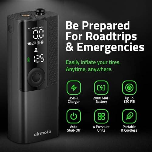 Airmoto Tire Inflator Portable Air Compressor - Air Pump For Car Tires with Digital Pressure Gauge, LED Light and Auto Shut-Off Function - Cordless Pump for Car, Motorcycle, Bicycle, Ball thumbnail 3