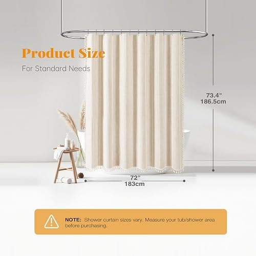 BTTN Boho Farmhouse Shower Curtain, Linen Rustic Weighted Striped Cloth Shower Curtain Set with Tassel, Water Repellent, Bohemian Vintage Country Fabric Shower Curtain for Bathroom, Cream/Beige, 72x72 thumbnail 2