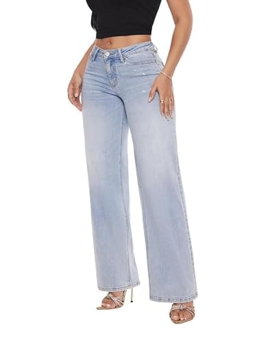 ONESO Mid-Low Rise Baggy Jeans Wide Leg for Women Distressed Pants Stretchy Bottom Lady Basic Comfortable Denim thumbnail 3