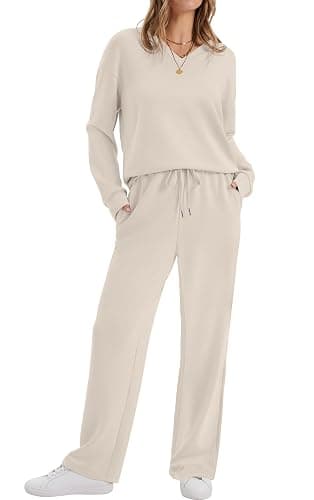 WIHOLL Lounge Sets for Women 2025 V Neck 2 Piece Outfits Airport Wide Leg Pants Matching Set Sweatsuits thumbnail 2
