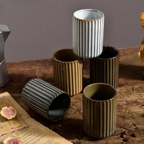 TOPYOKK Stoneware Coffee Bar Utensil Holder Tea & Coffee Spoon & Stirrer Holder for Stir Stick Straw Teaspoon Holder Spoon Cup Small Utensil Jar Fluted Vertical Stripe (Rustic Brown) thumbnail 7