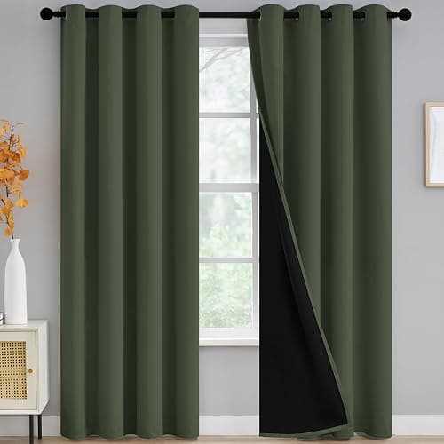 Yakamok Greyish Green Blackout Curtains 84 inches Long for Bedroom 52" Wide | Thermal Insulated Window Treatment Total Blocking Panels with Black Liner for Living Room/Dining Room Grommet Top 2 Panels - Image 1
