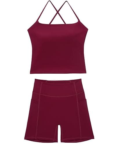 OMKAGI Workout Sets for Women Cute Spaghetti Strap Tank Tops Booty Shorts Outfits with Pockets thumbnail 6
