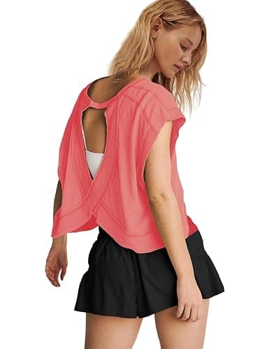 Panadila Womens Open Back Workout Top Oversized Workout T Shirts Backless Athletic Shirt Short Sleeve Baby Tee thumbnail 4