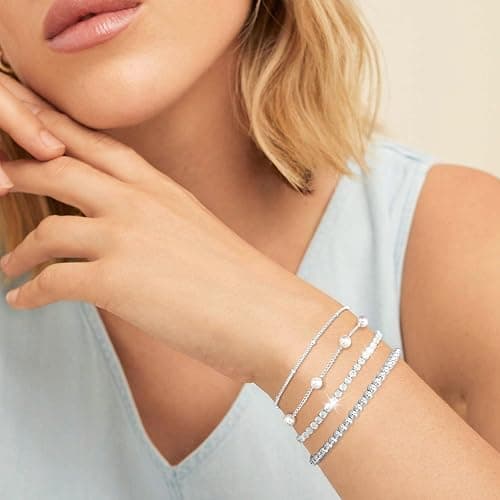 RMOYI Pearl Bracelets for Women Tennis Bracelet Dainty 14K Gold/Silver Plated Beaded Bracelets for Women Cubic Zirconia Bracelet Stack Pearl Jewelry Set thumbnail 3